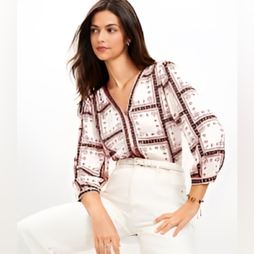 NWT LOFT Windowpane V-neck Button Patterned Blouse Top